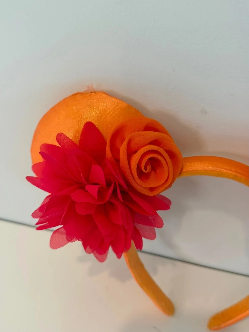 Disney Mickey Mouse Floral Ears Headband Orange Satin Fabric